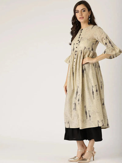 Beige Printed Cotton Kurta - Libas