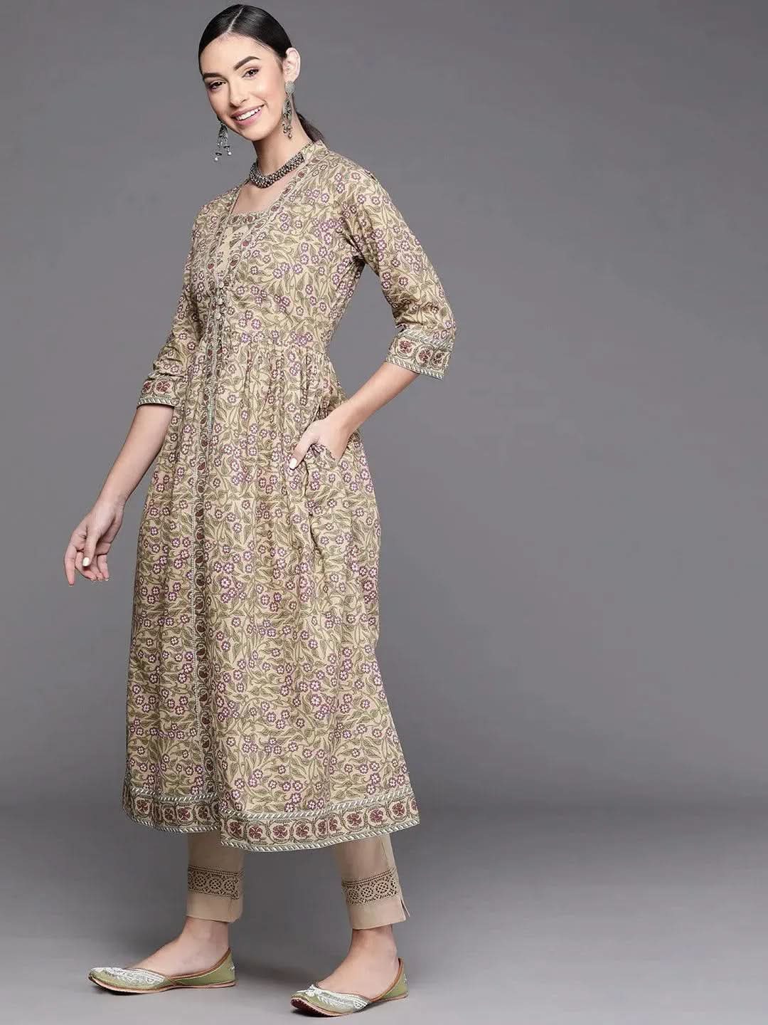 Buy Beige Printed Cotton Kurta - 23448O- | Libas Ethnic Wear Online