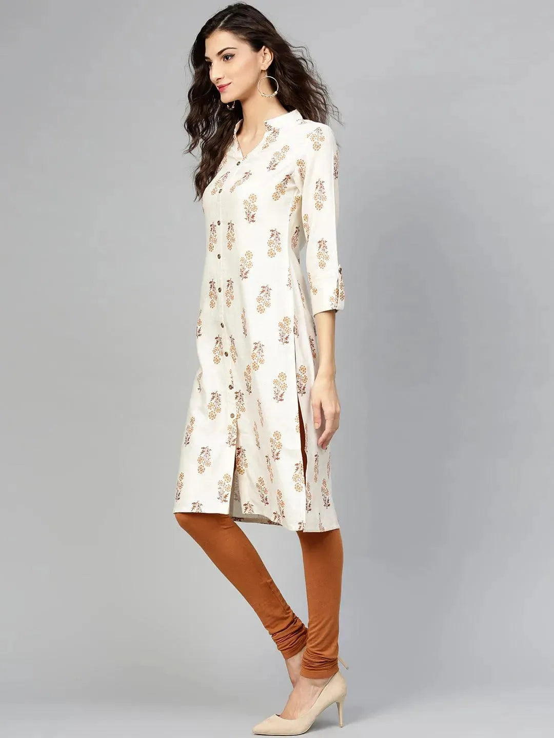 Beige Printed Cotton Kurta - Libas