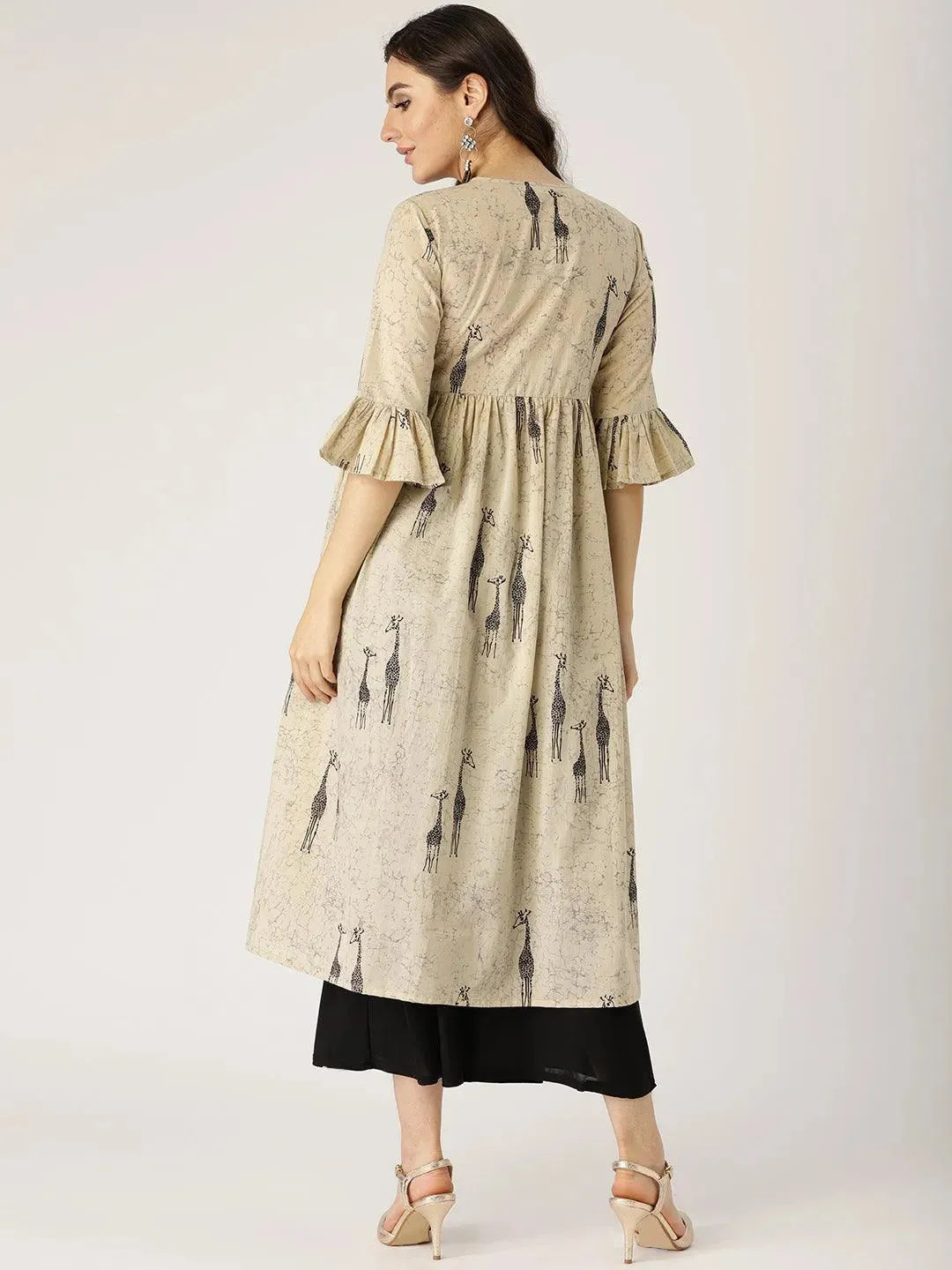 Beige Printed Cotton Kurta - Libas