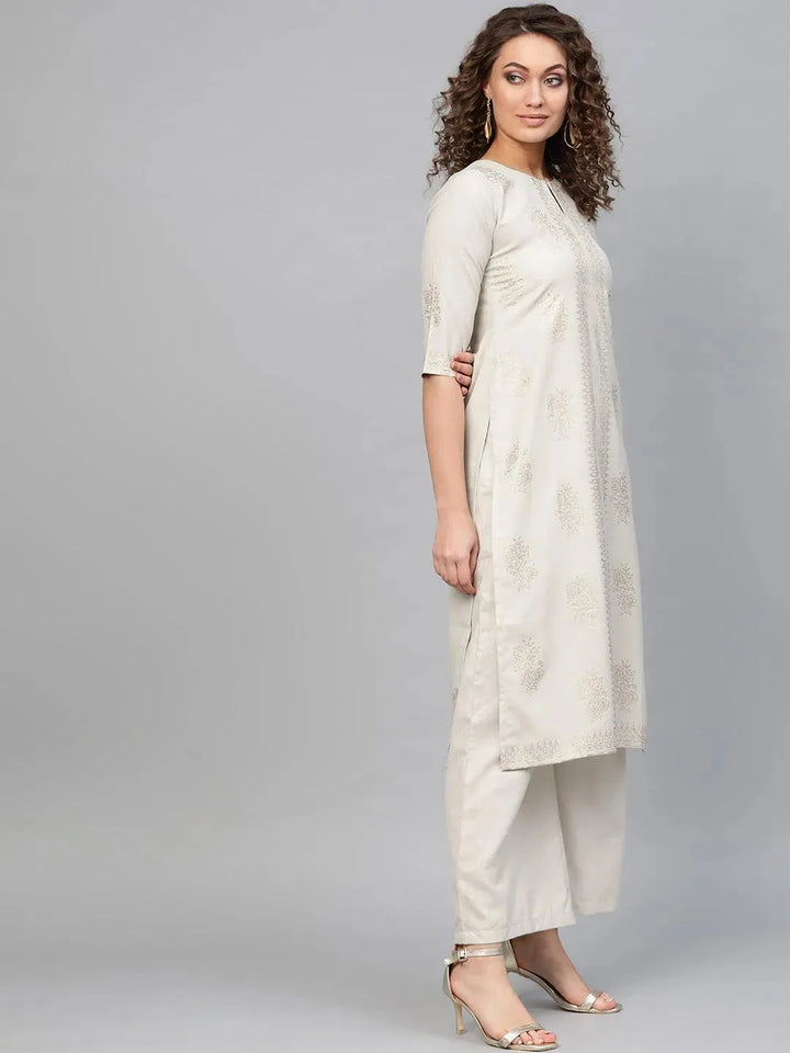 Beige Printed Cotton Kurta - Libas