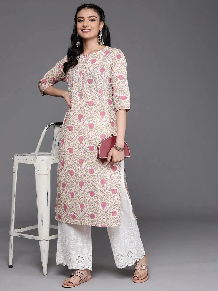 Beige Printed Cotton Kurta - Libas