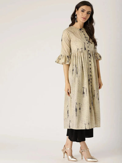 Beige Printed Cotton Kurta - Libas