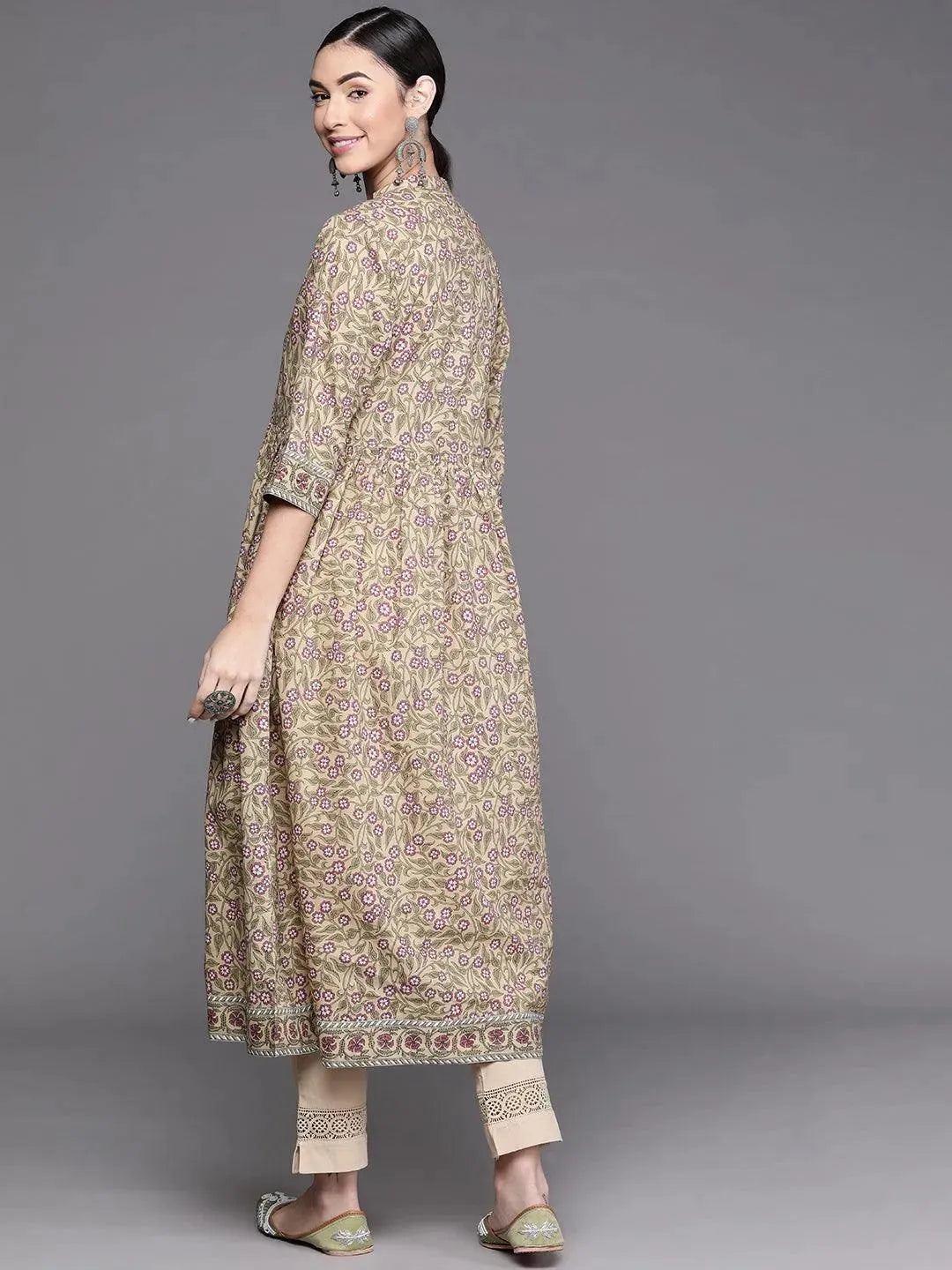 Beige Printed Cotton Kurta - Libas 