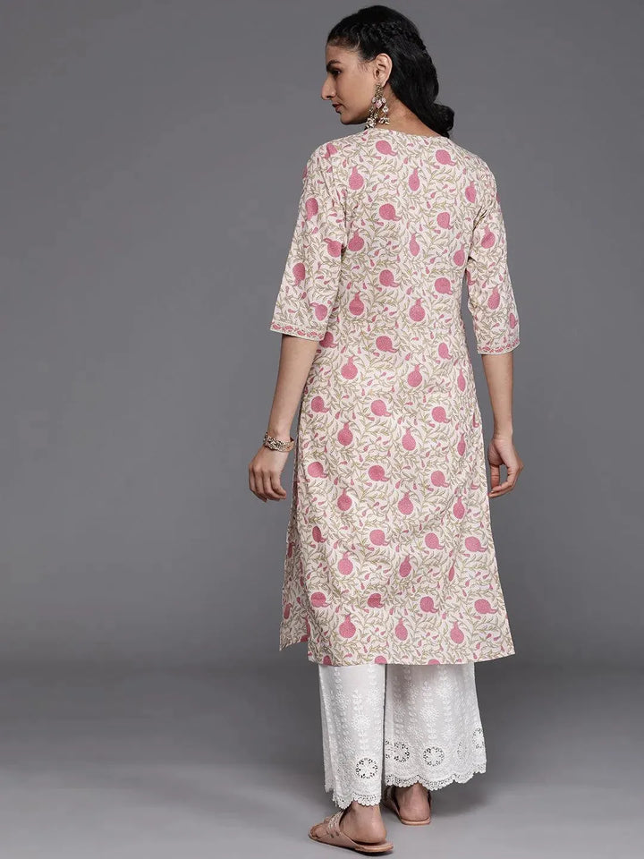 Beige Printed Cotton Kurta - Libas