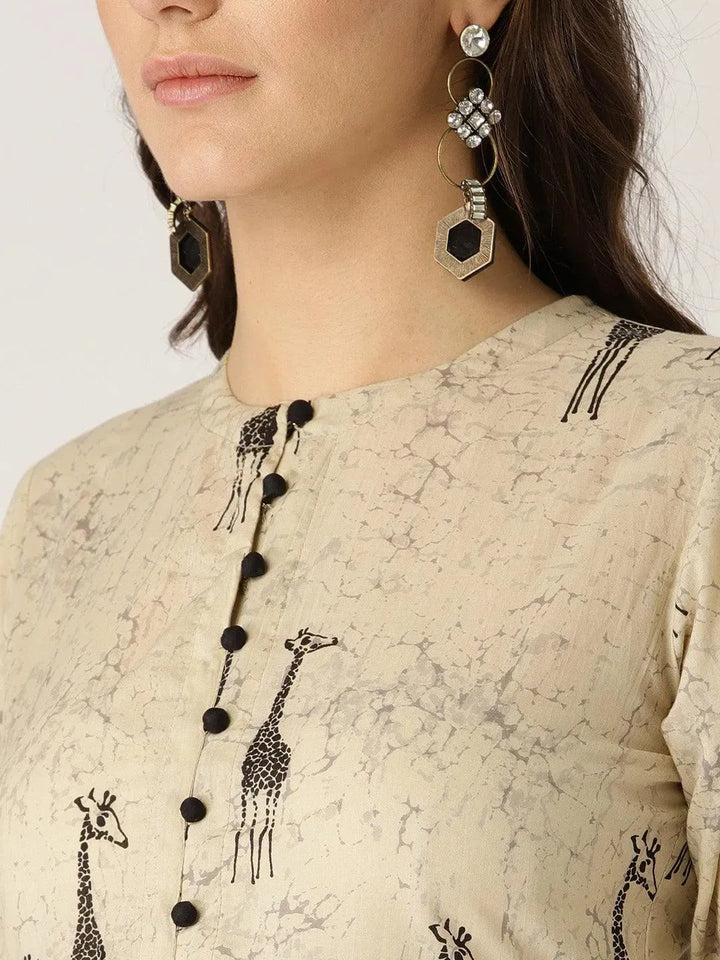 Beige Printed Cotton Kurta - Libas