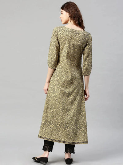 Beige Printed Cotton Kurta - Libas