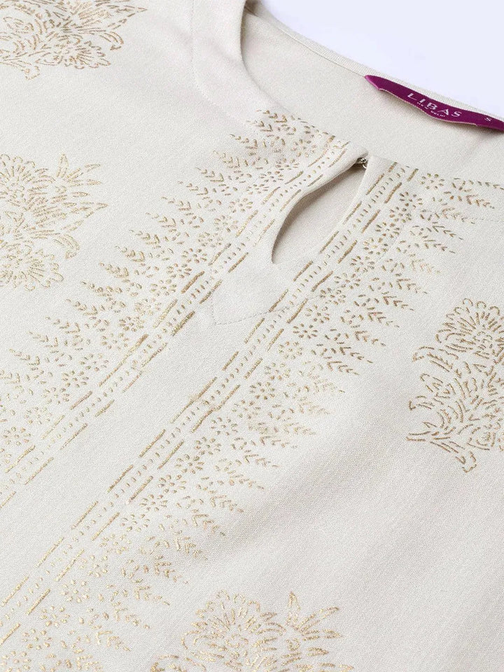 Beige Printed Cotton Kurta - Libas