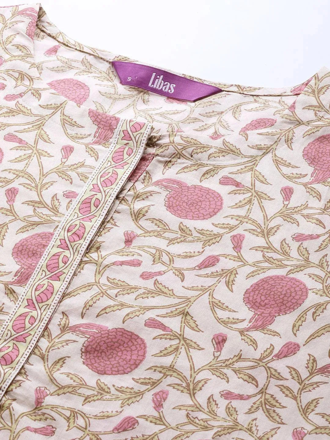 Beige Printed Cotton Kurta - Libas