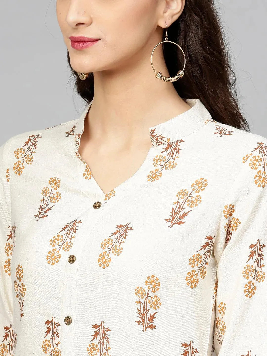 Beige Printed Cotton Kurta - Libas