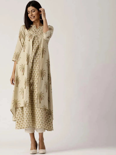 Beige Printed Cotton Kurta With Jacket - Libas