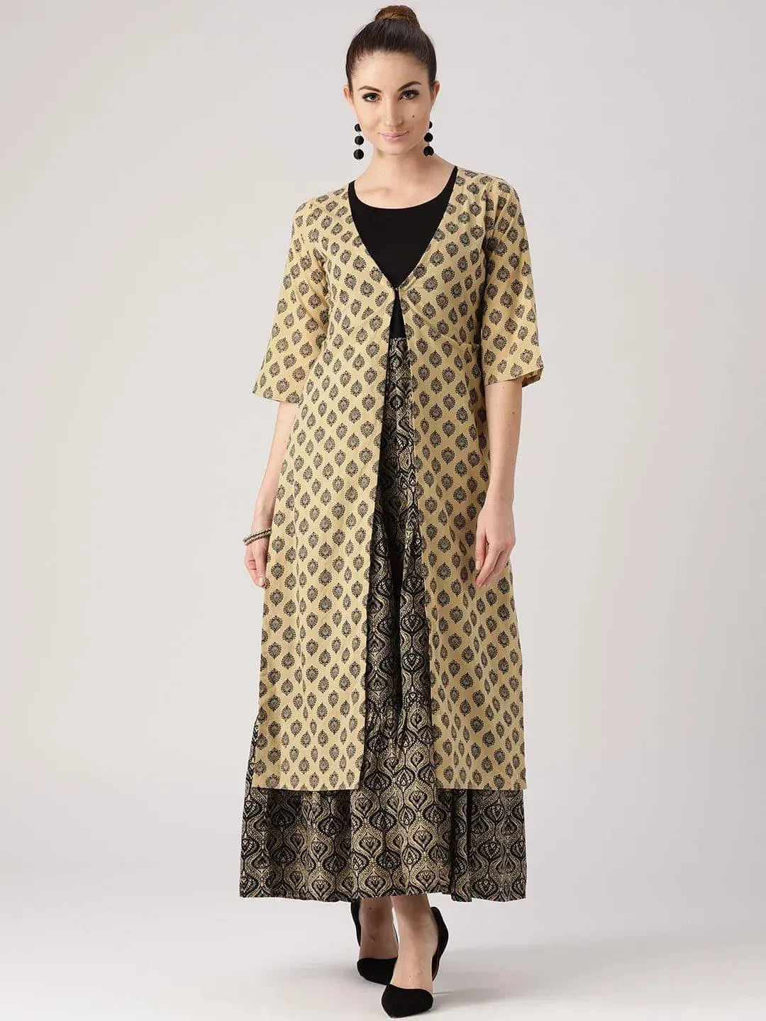 Beige Printed Cotton Kurta With Jacket - Libas