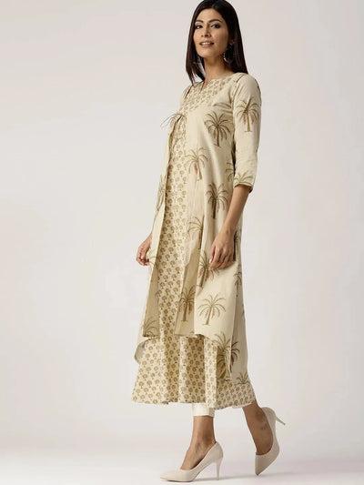 Beige Printed Cotton Kurta With Jacket - Libas