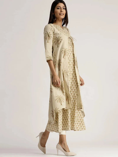Beige Printed Cotton Kurta With Jacket - Libas