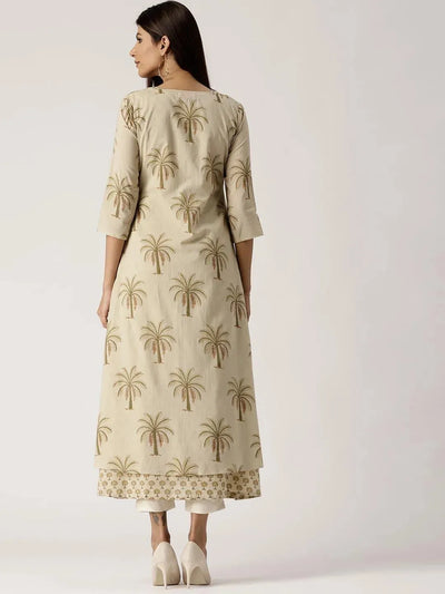 Beige Printed Cotton Kurta With Jacket - Libas