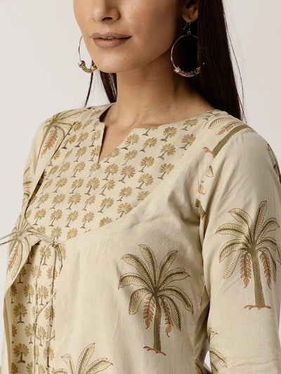 Beige Printed Cotton Kurta With Jacket - Libas