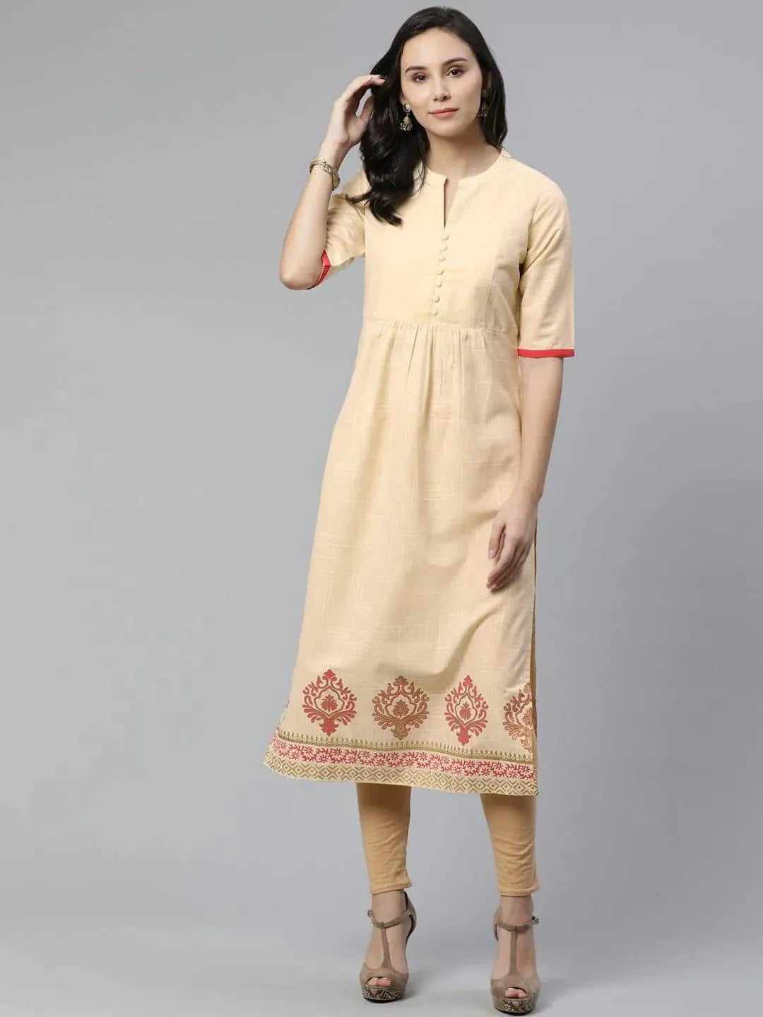 Beige Printed Cotton Kurti - Libas