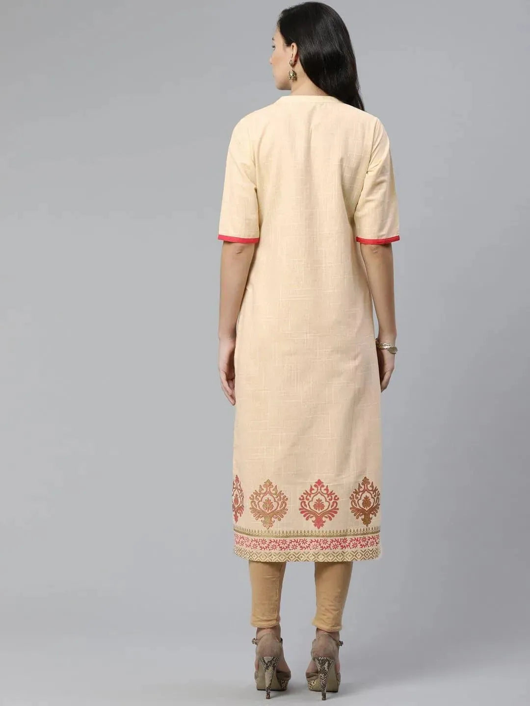 Beige Printed Cotton Kurti - Libas 