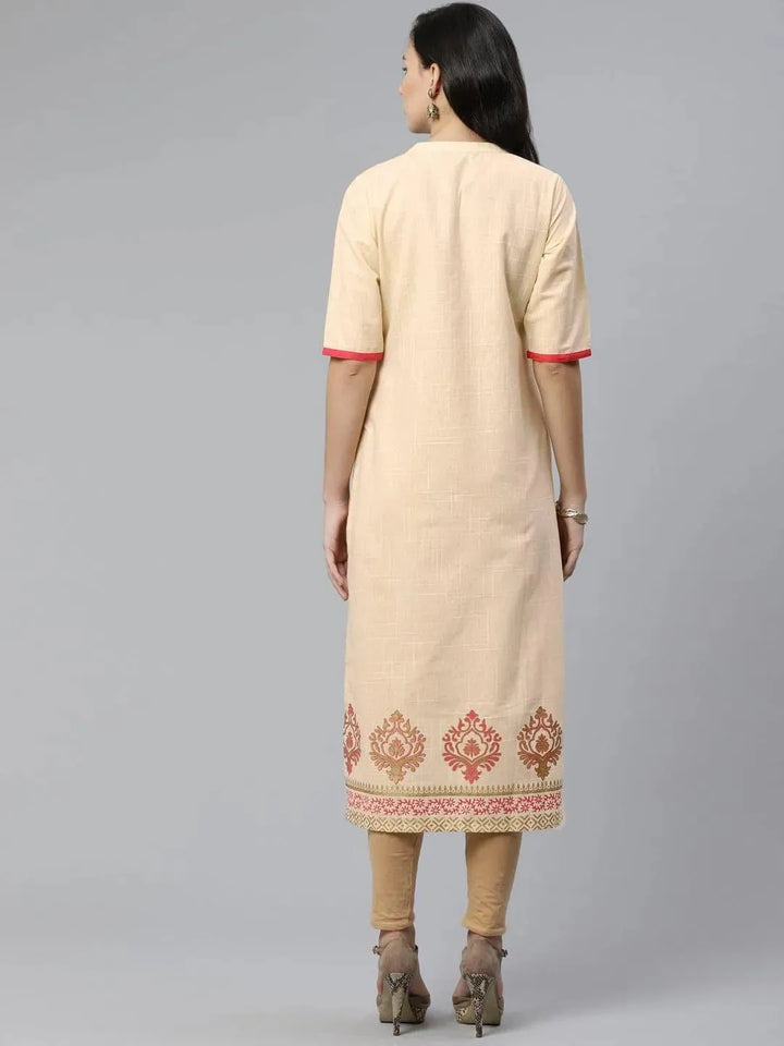 Beige Printed Cotton Kurti - Libas