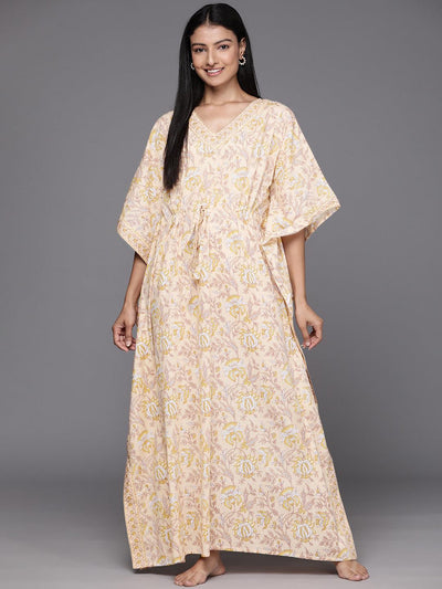 Beige Printed Cotton Night Dress - Libas
