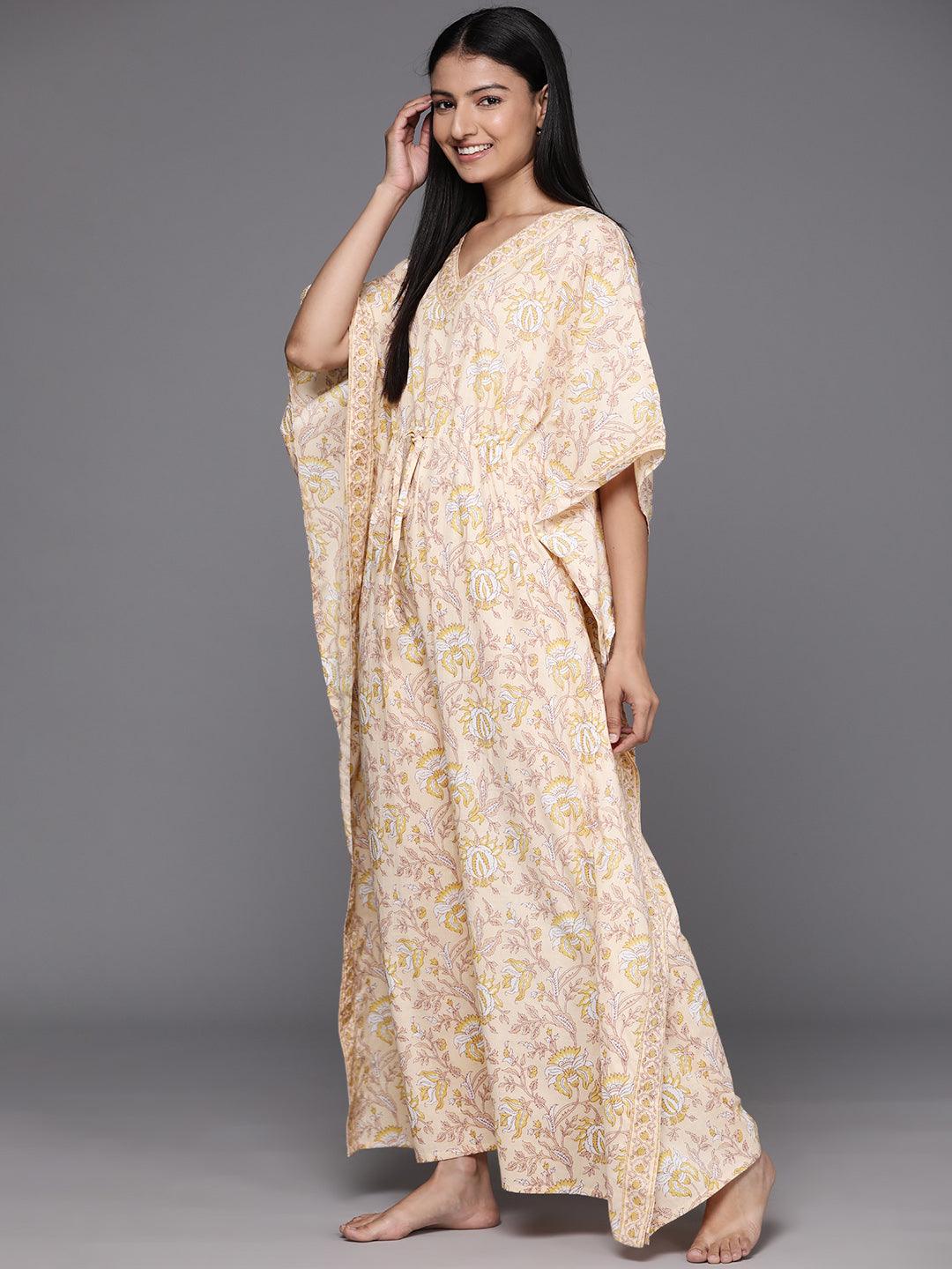 Beige Printed Cotton Night Dress - Libas