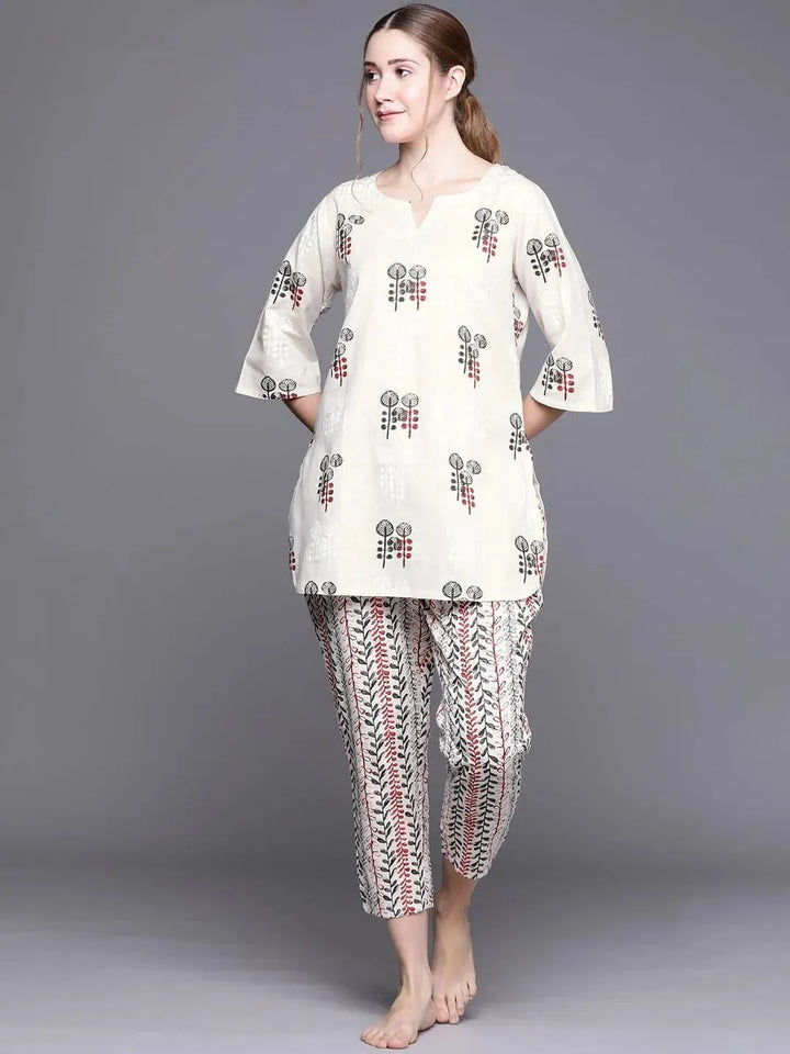 Beige Printed Cotton Night Suit - Libas