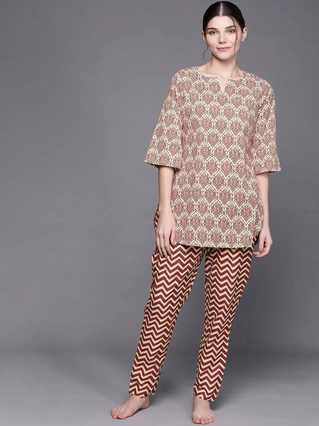Beige Printed Cotton Night Suit - Libas 