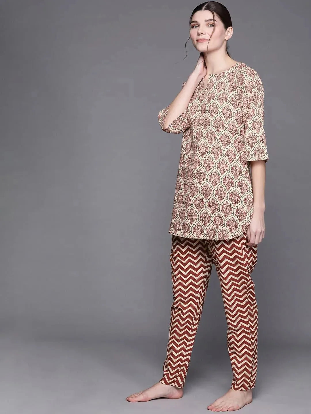 Beige Printed Cotton Night Suit - Libas 