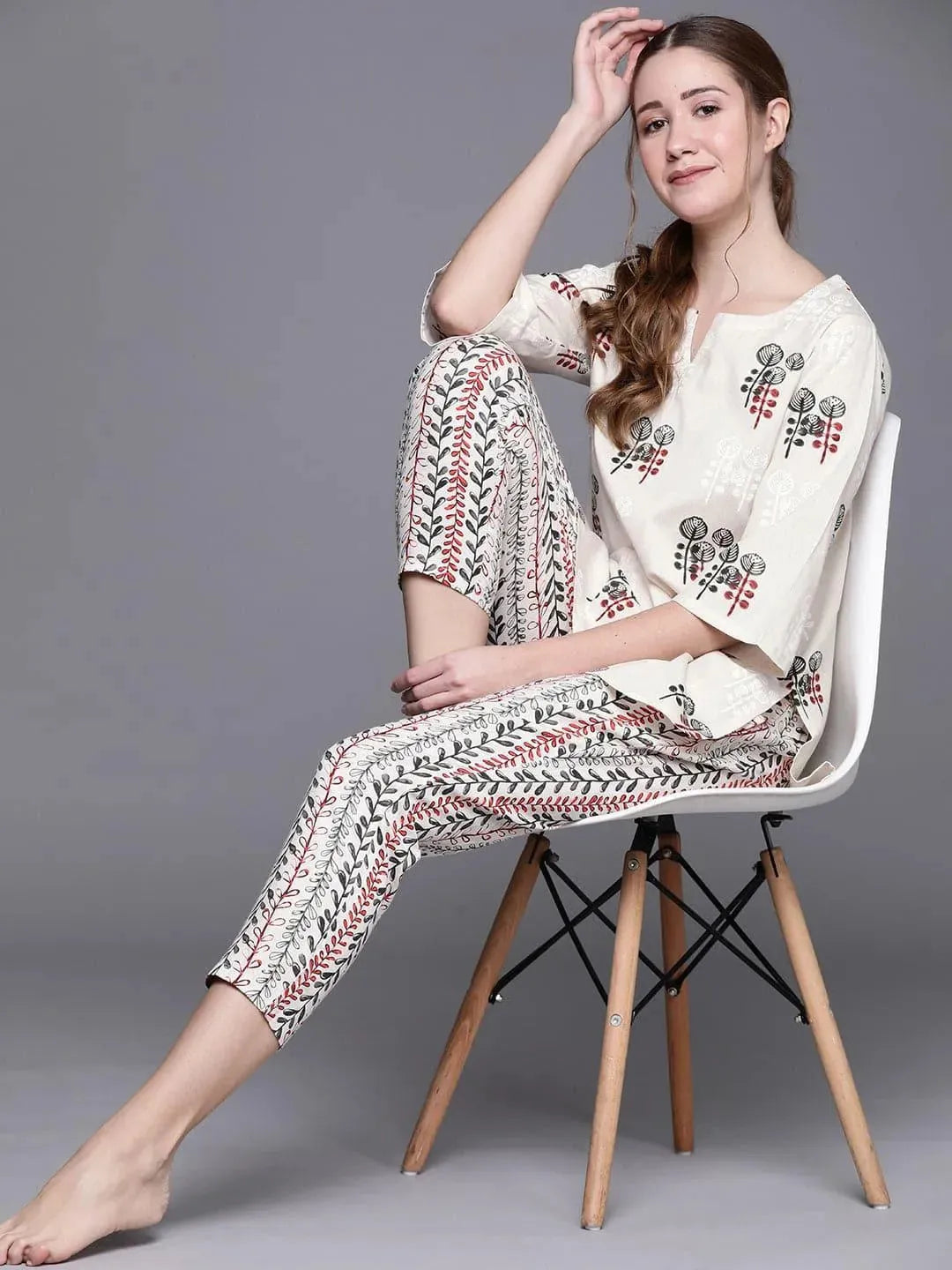 Beige Printed Cotton Night Suit - Libas 