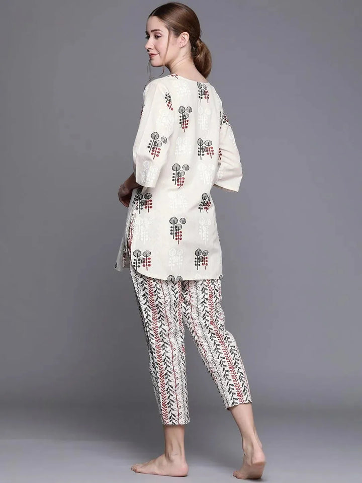 Beige Printed Cotton Night Suit - Libas