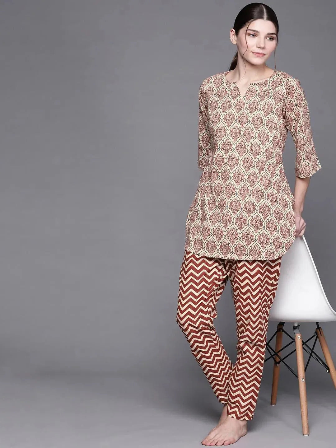 Beige Printed Cotton Night Suit - Libas 