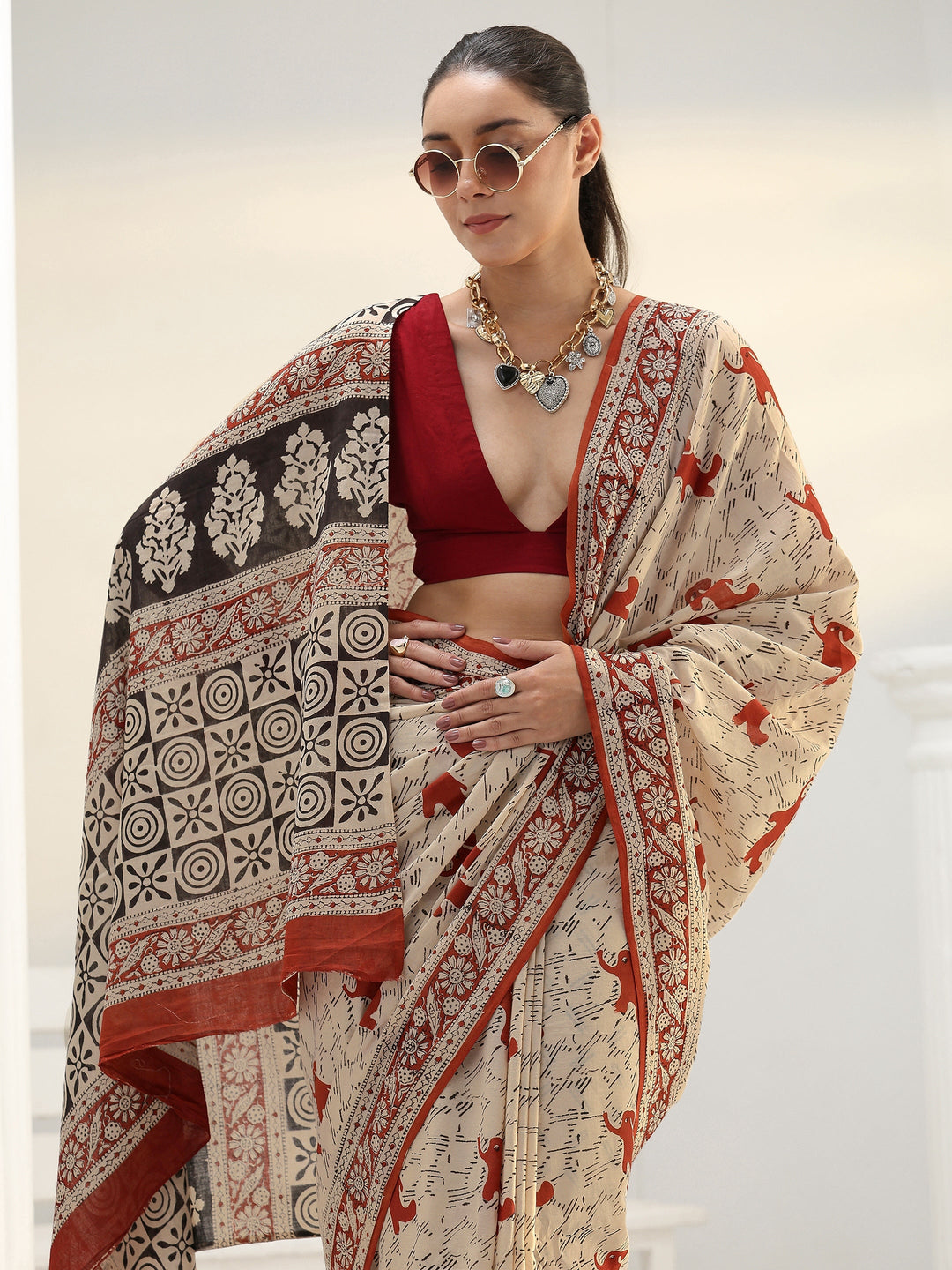  Beige Printed Cotton Saree 