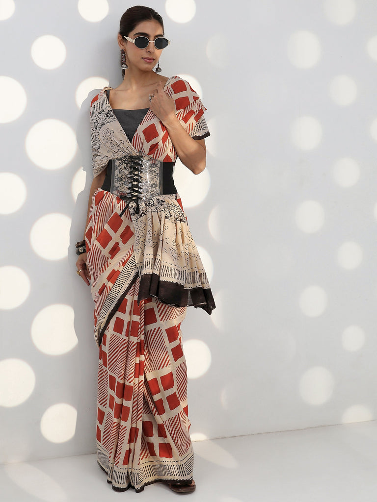 Libas Beige Geometric Bagru Print Cotton Saree