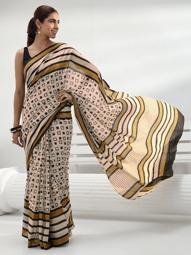 Libas Beige Striped Cotton Saree