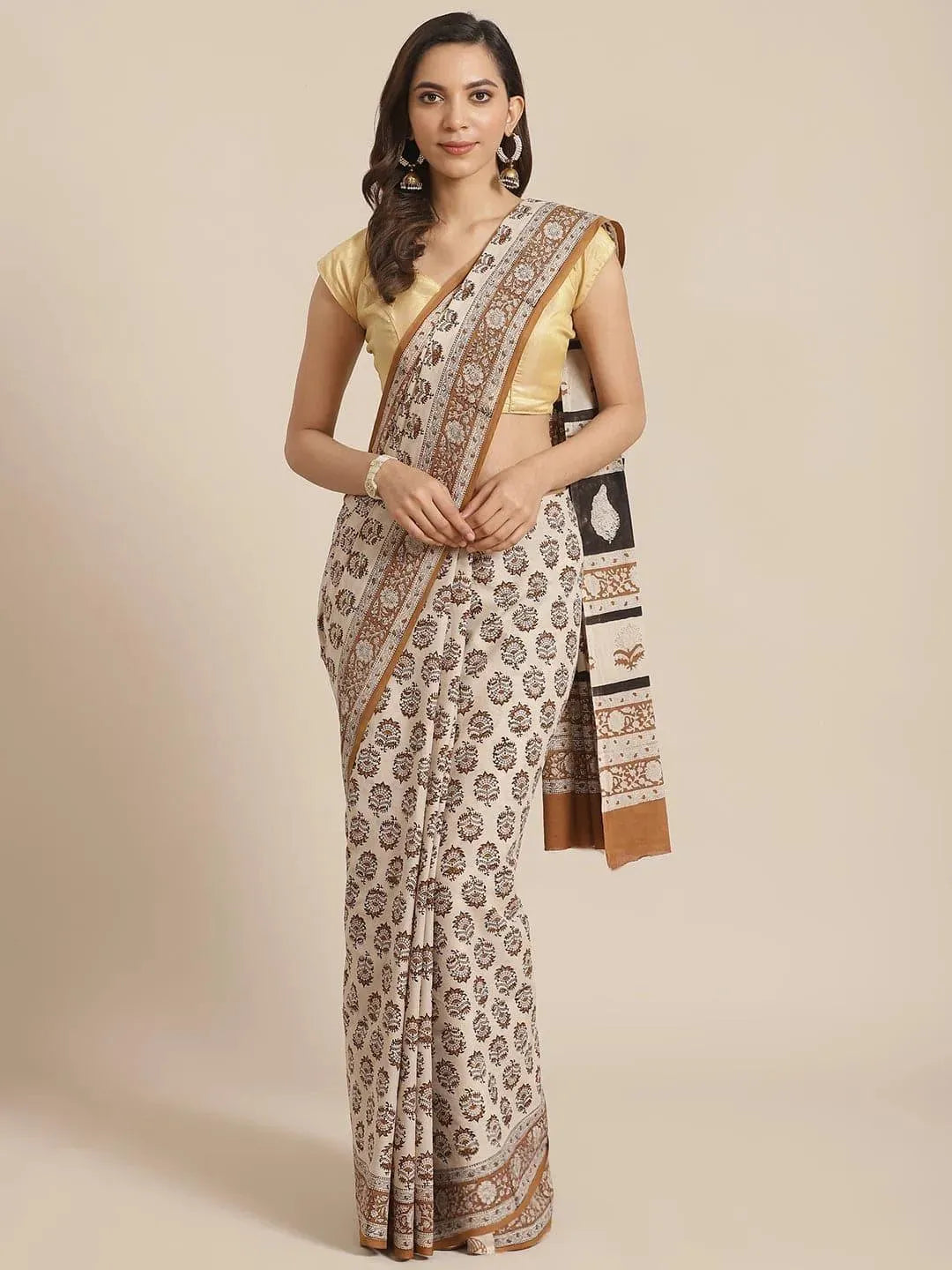 Beige Printed Cotton Saree - Libas