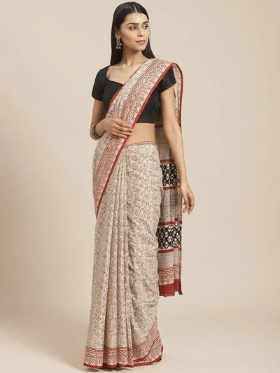 Beige Printed Cotton Saree - Libas