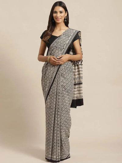 Beige Printed Cotton Saree - Libas