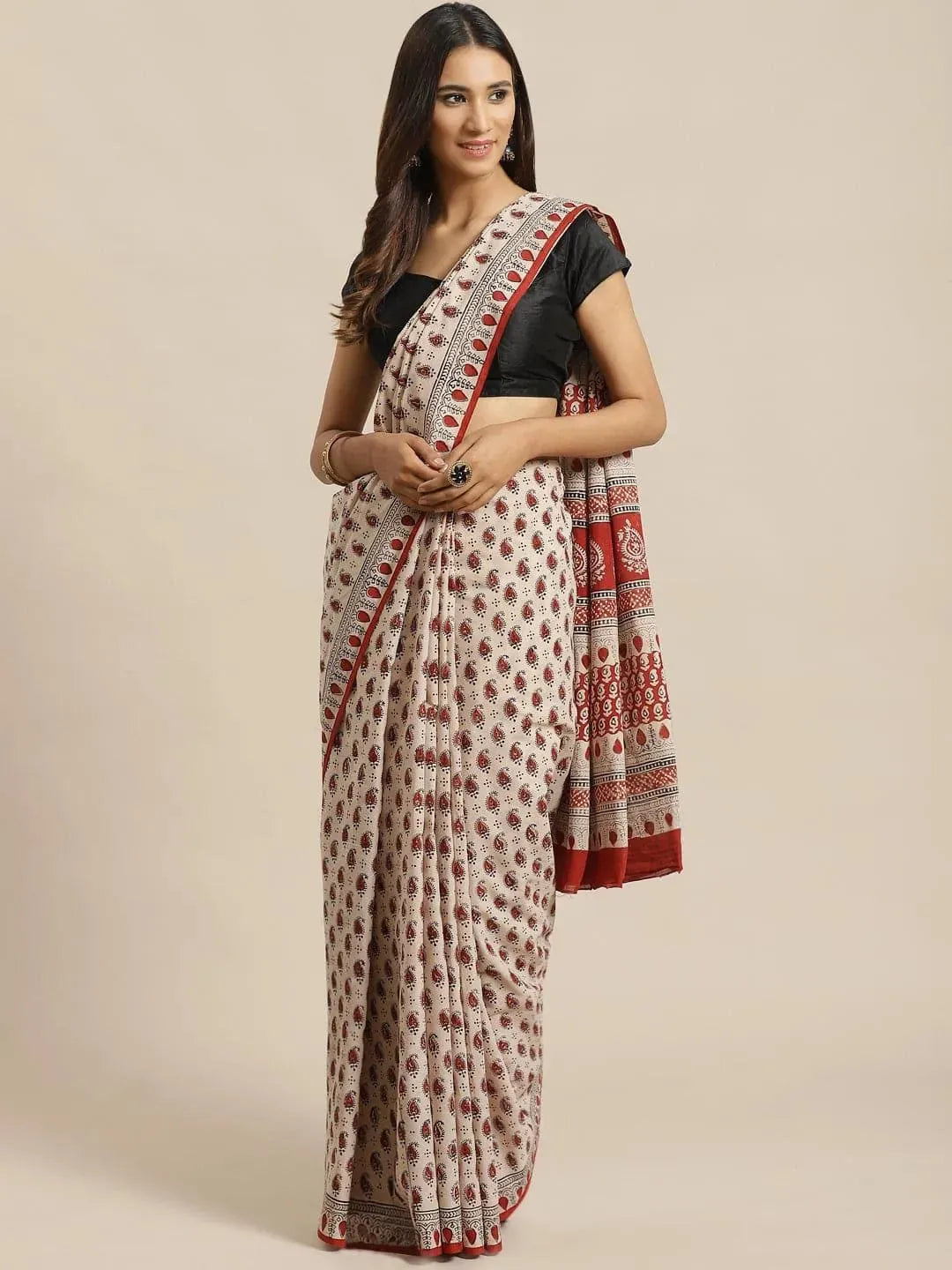 Beige Printed Cotton Saree - Libas