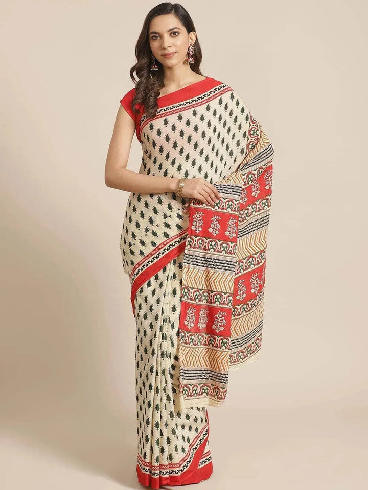 Beige Printed Cotton Saree - Libas