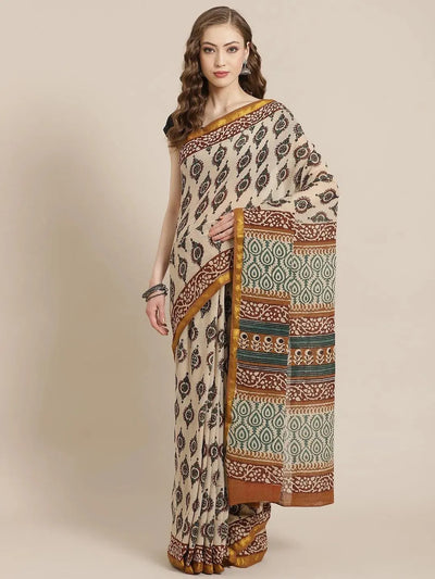 Beige Printed Cotton Saree - Libas