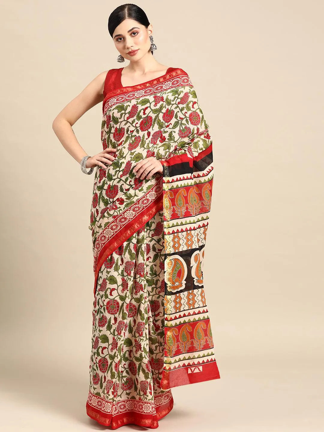 Beige Printed Cotton Saree - Libas