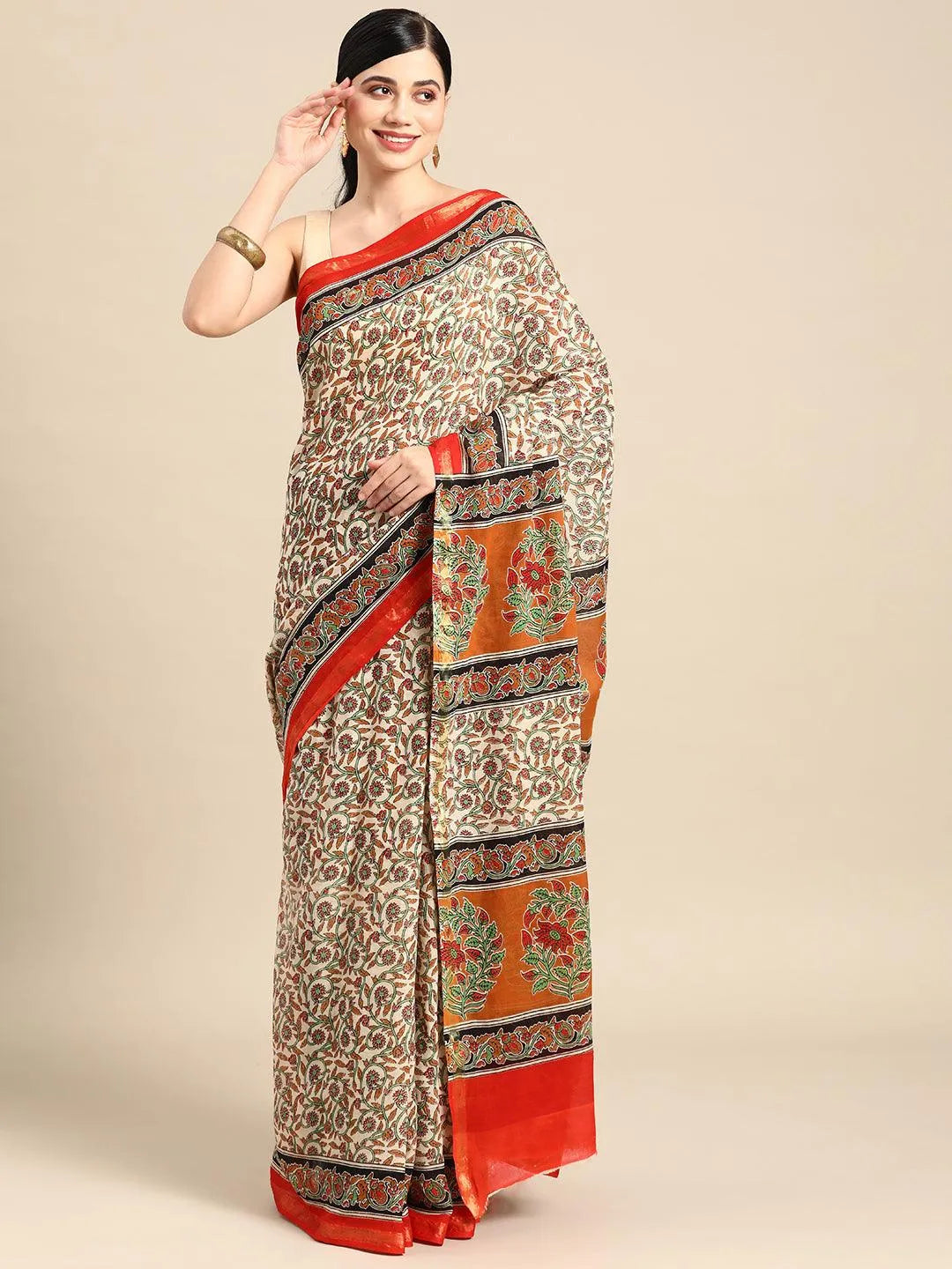Beige Printed Cotton Saree - Libas