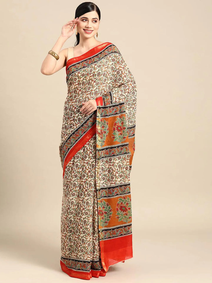 Beige Printed Cotton Saree - Libas