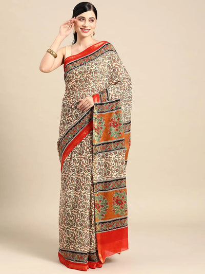 Beige Printed Cotton Saree - Libas