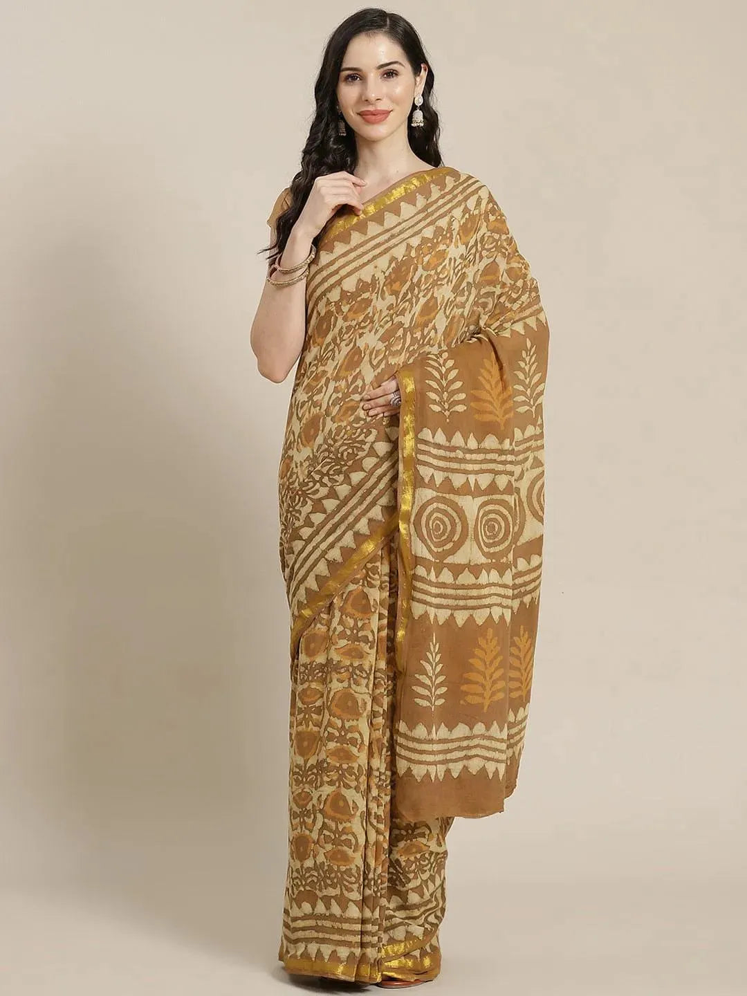 Beige Printed Cotton Saree - Libas