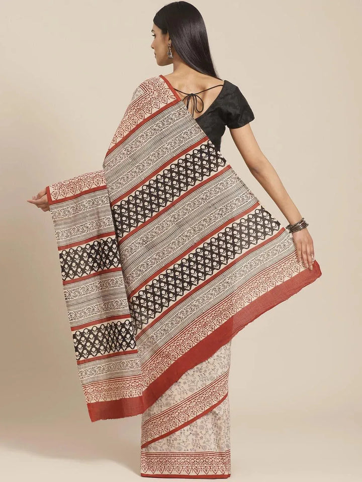 Beige Printed Cotton Saree - Libas