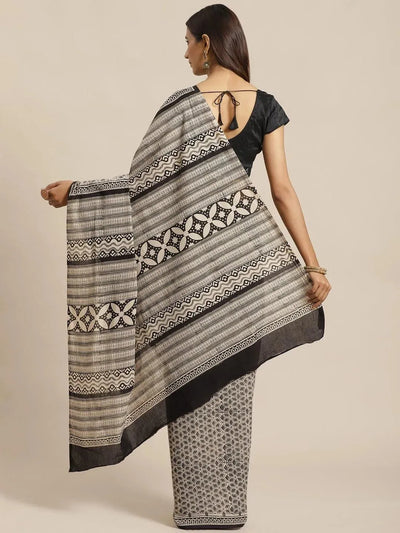 Beige Printed Cotton Saree - Libas