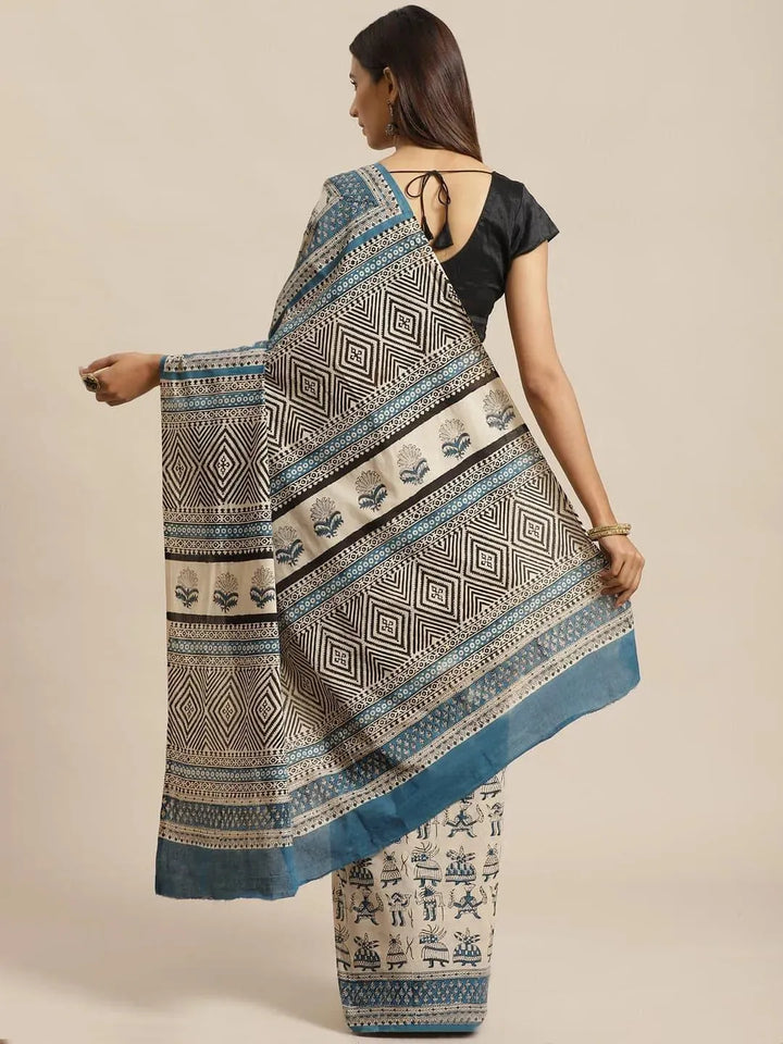 Beige Printed Cotton Saree - Libas