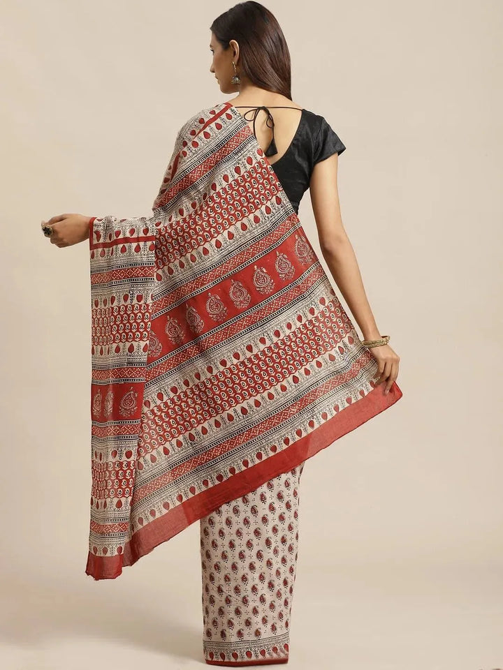 Beige Printed Cotton Saree - Libas