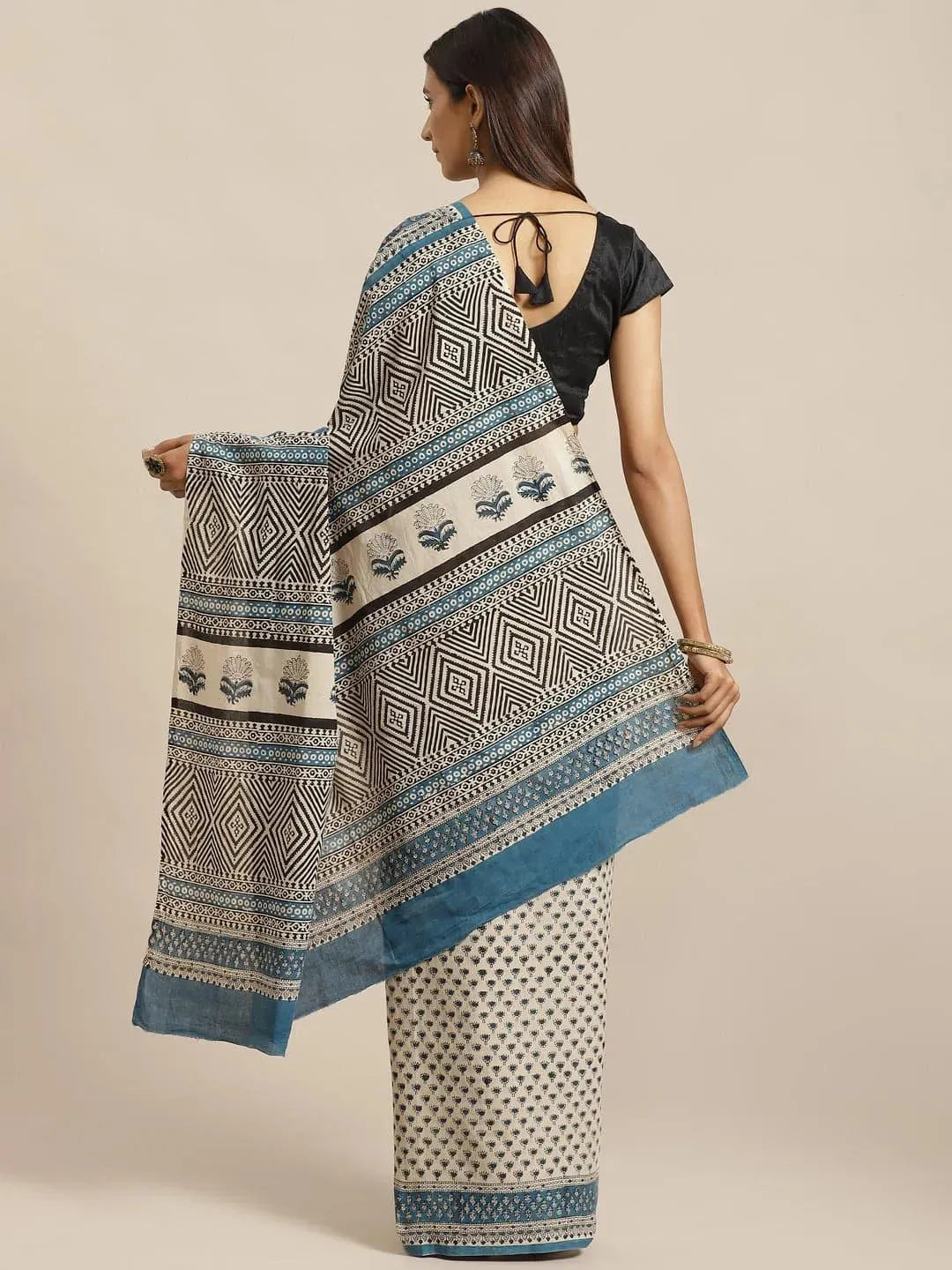 Beige Printed Cotton Saree - Libas 